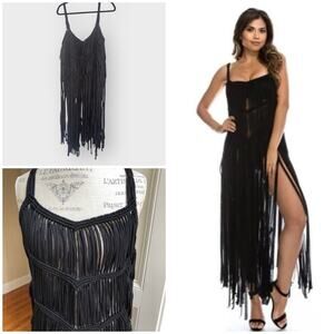Boutique Love Jen crochet fringe long black swimsuit coverup, one size